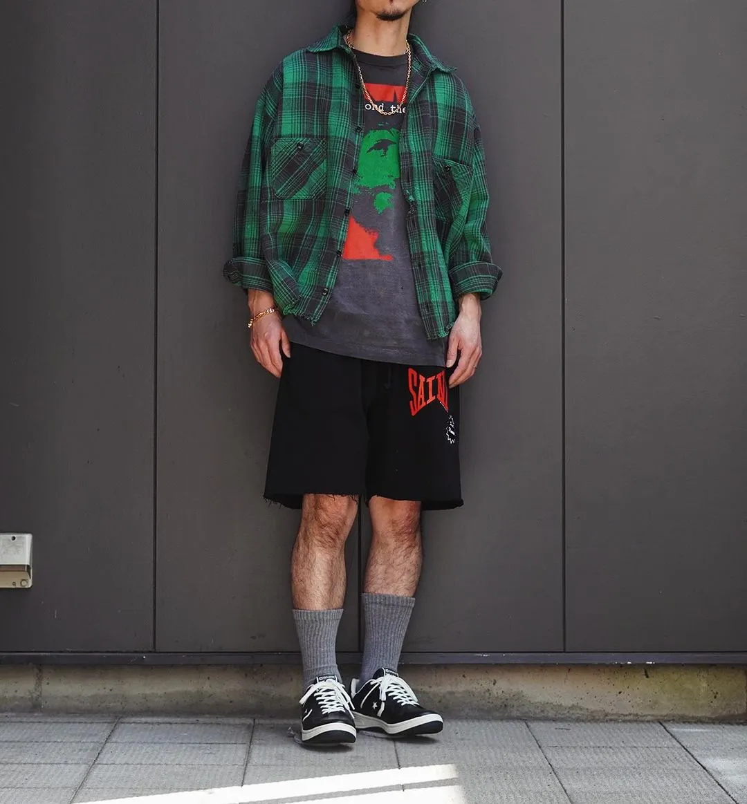 SAINT Mxxxxxx 'SAINT' SWEAT SHORTS/GRY/BLK embroidered SAINT LOGO basic shorts, distressed gray/washed black S-XL, four needles and six threads throughout, produced by a major domestic factory, imported Tajima machine embroidery, washed and distressed, original version
